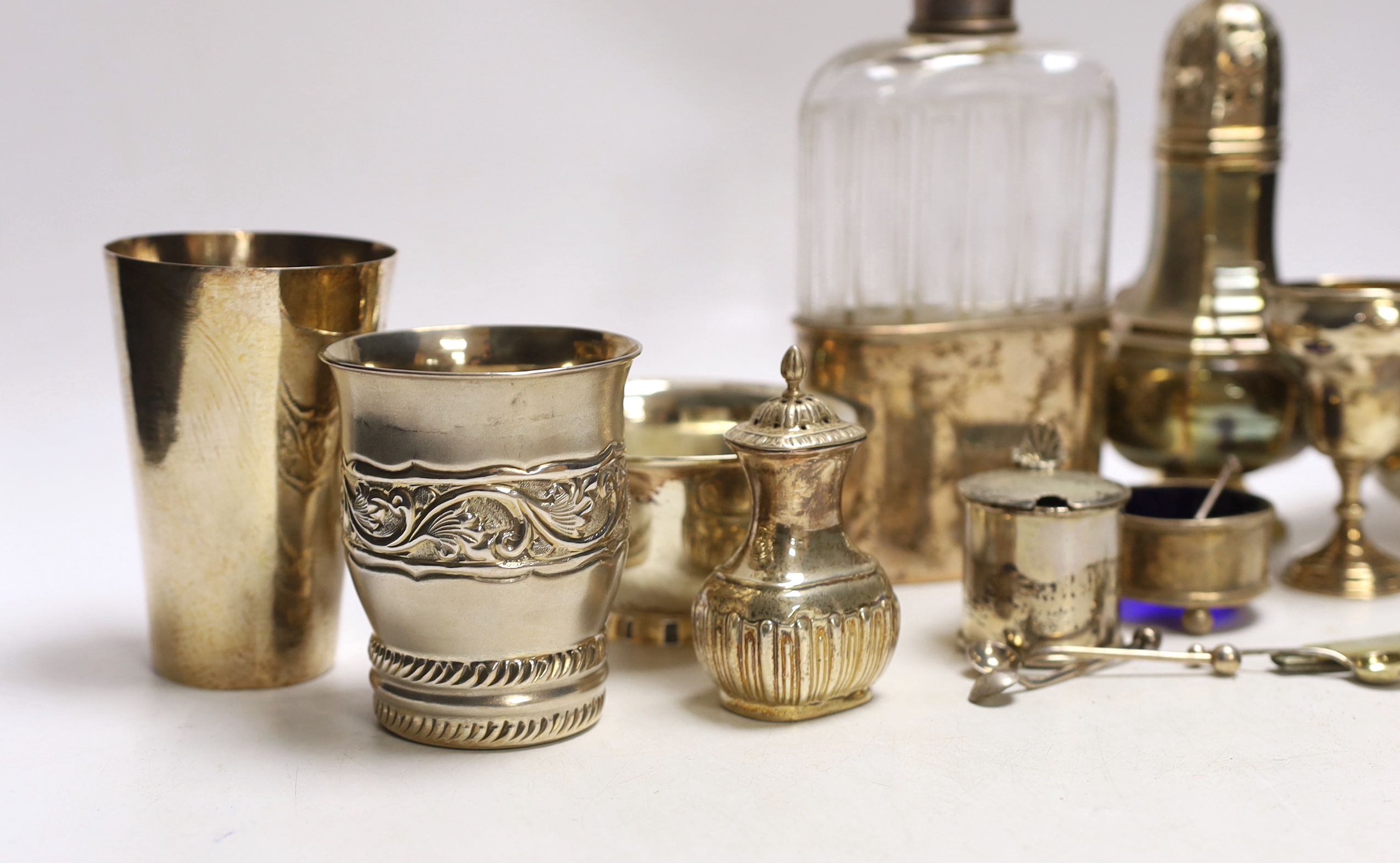 Sundry small silver including a George V sugar caster, small trophy cup, two small spoons, a fruit knife and three condiments, together with a pair of Chinese Wai Kee sterling bowls, two white metal vases and a French wh